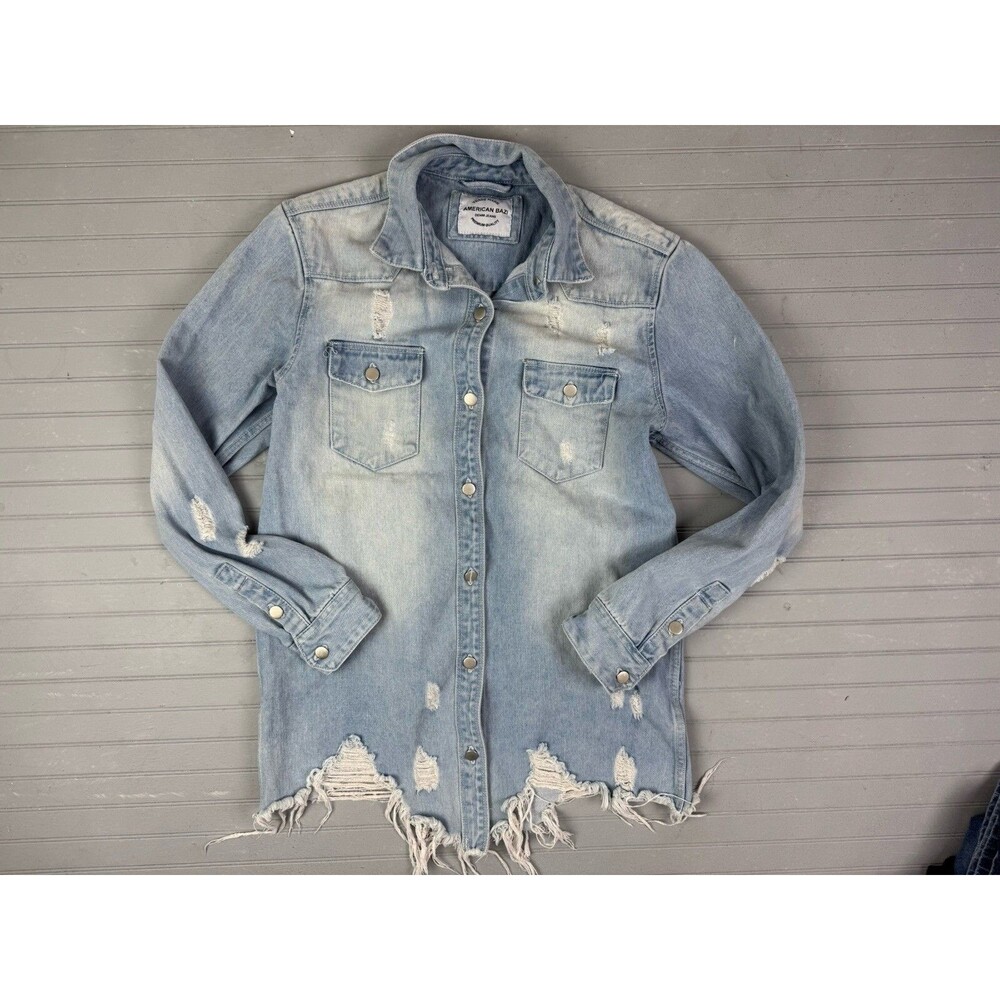 American Bazi Size S Denim Jean Jacket Light Wash Distress Cotton Frayed Hem